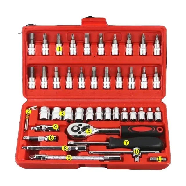 Motorcycle 46pcs 1/4 Inch Drive Socket Ratchet Wrench Set Complete Car Repair Kit for Auto and Bicycle Maintenance Tools amagi