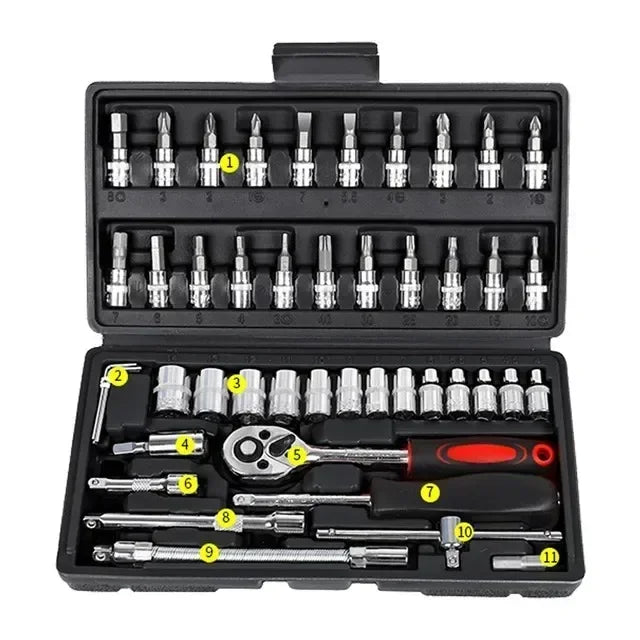 Motorcycle 46pcs 1/4 Inch Drive Socket Ratchet Wrench Set Complete Car Repair Kit for Auto and Bicycle Maintenance Tools amagi