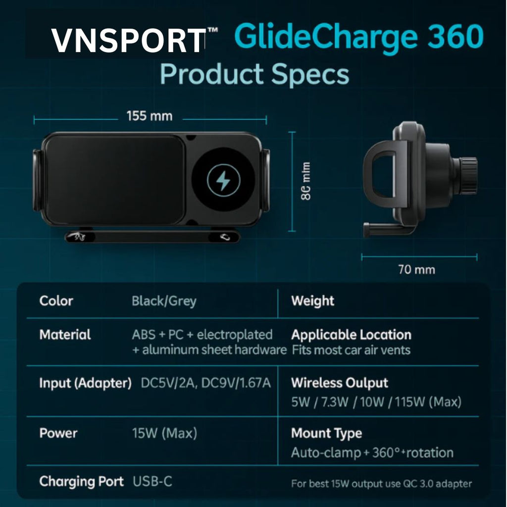 VNSPORT 360° Rotating 15W Wireless Car Fast Charger Mount